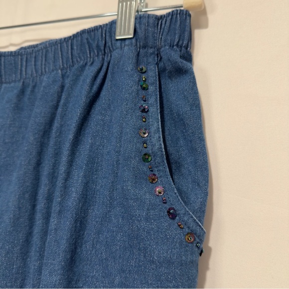 Vintage 90s Floral Embroidered Sequin Denim Jean Jacket & Pants Set, 12 Petite - Picture 13 of 16